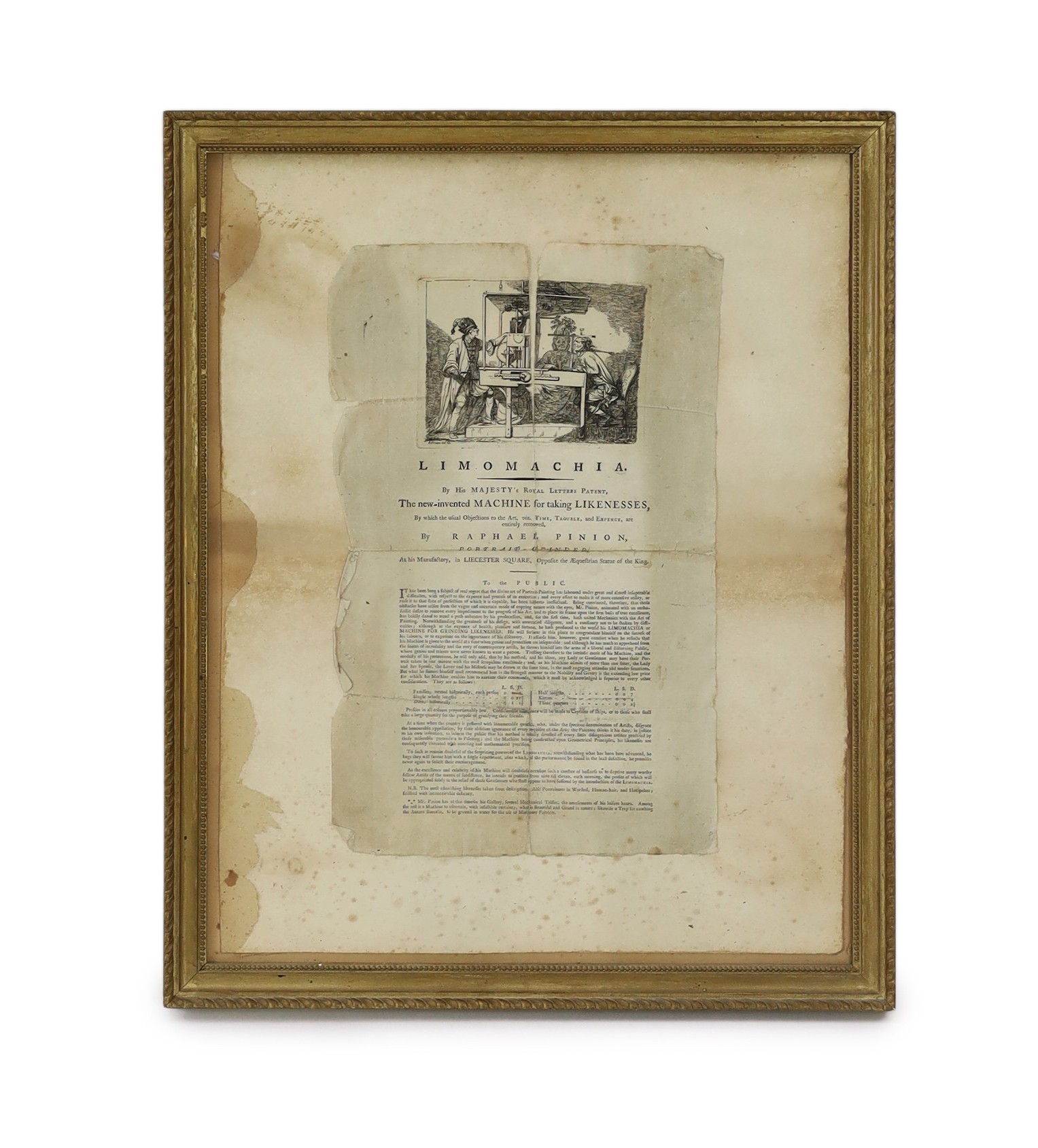An early printed sheet 'Limomachia, the new invented machine for taking likenesses', by Raphael Pinion, 40 x 26cm